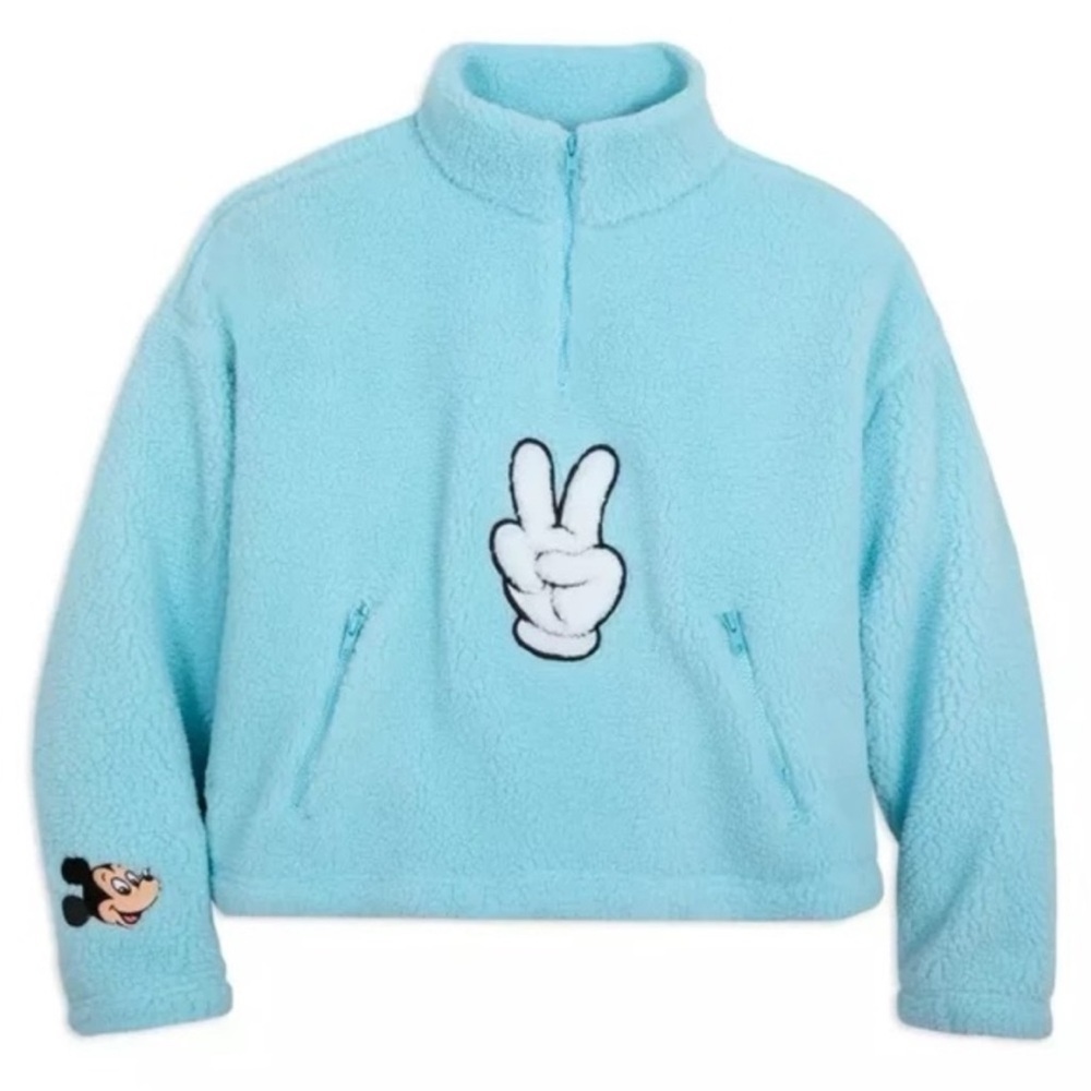 Disney Parks Blue Fleece Fuzzy Peace Sign Quarter Zip Sweatshirt Size Medium